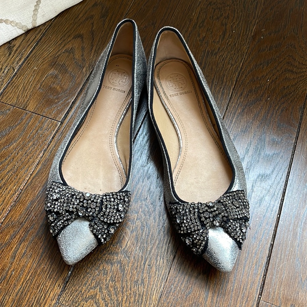 Tory Burch cracked metallic and jewel point toe flats